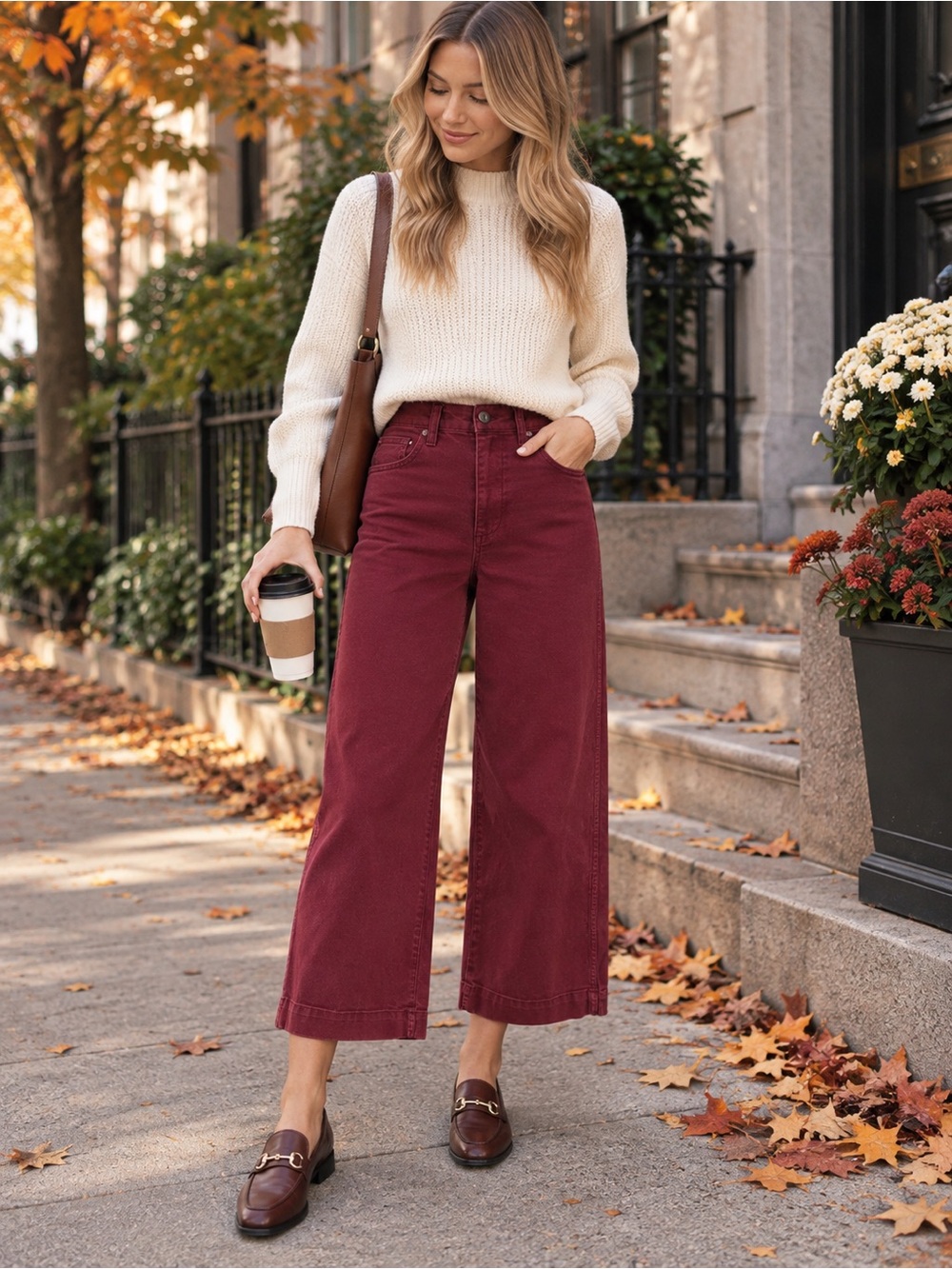 Madewell Burgundy Wide Leg Crop Pants Size 23 High Rise Cotton Stretch